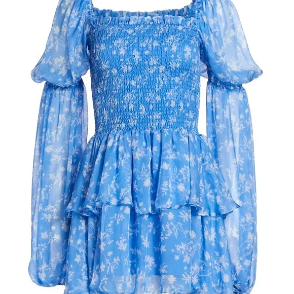 caroline constas blue floral dress Caroline Constas Olivia Floral-Print Silk Ruffle Open-Back Dress, Blue, Women's, Medium